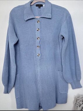Blue Blush Powder Blue Long Sleeve Knit Romper